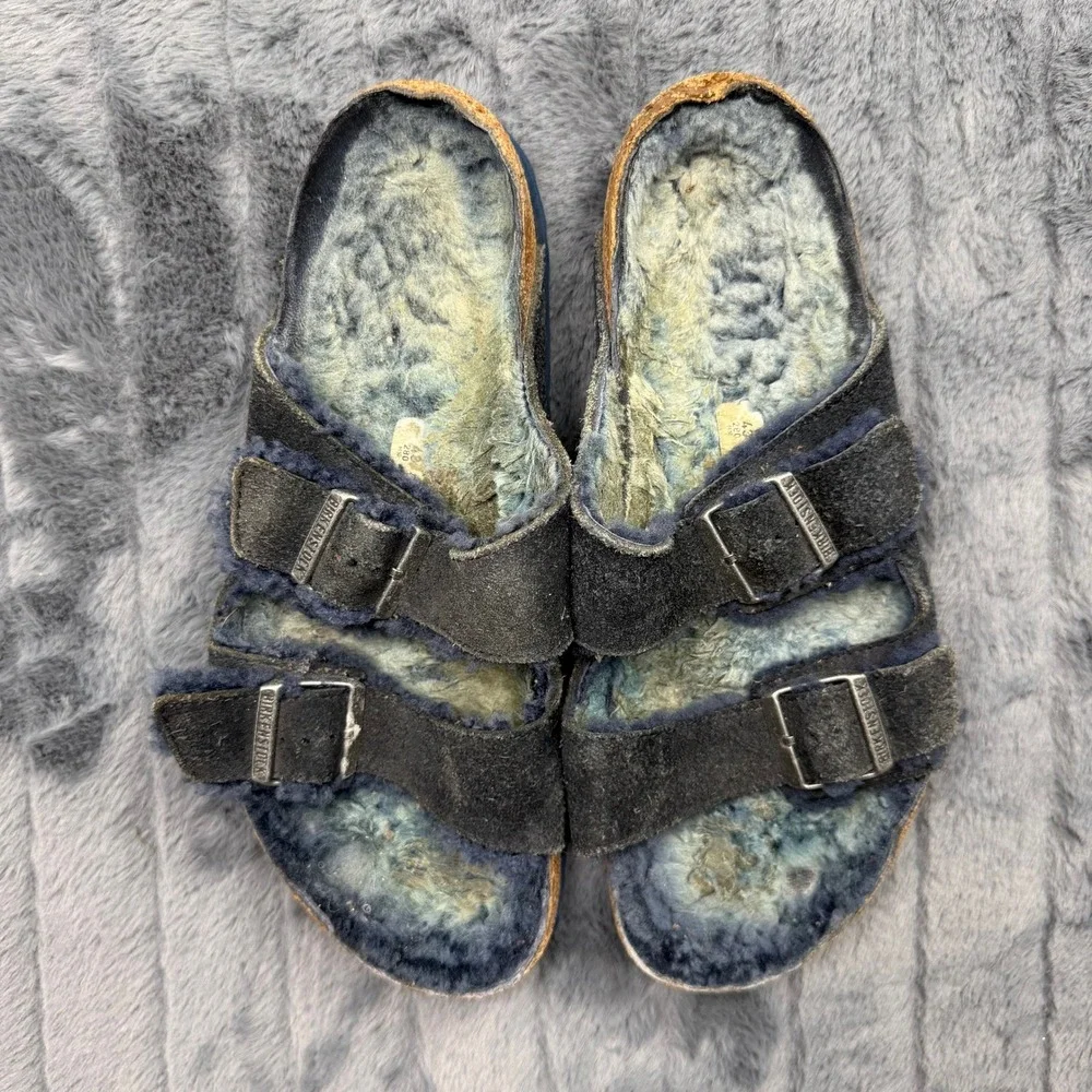 Birkenstock Arizona Shearling Navy Blue Suede Sandals Mens 43 L12 M10